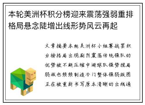本轮美洲杯积分榜迎来震荡强弱重排格局悬念陡增出线形势风云再起