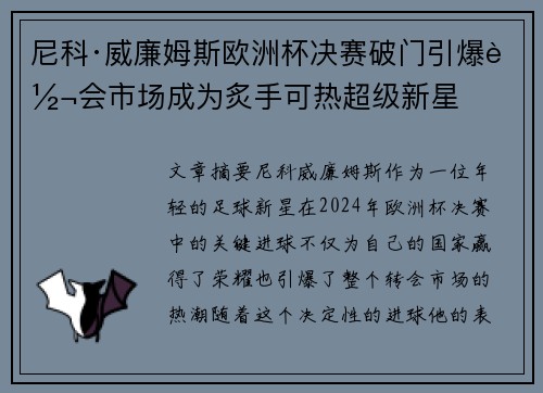 尼科·威廉姆斯欧洲杯决赛破门引爆转会市场成为炙手可热超级新星
